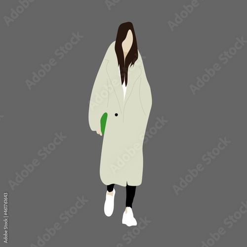 Vector illustration of Kpop street fashion. Street idols of Koreans. Kpop women's fashion idol. A girl in a fur coat and black leggings and a green bag.