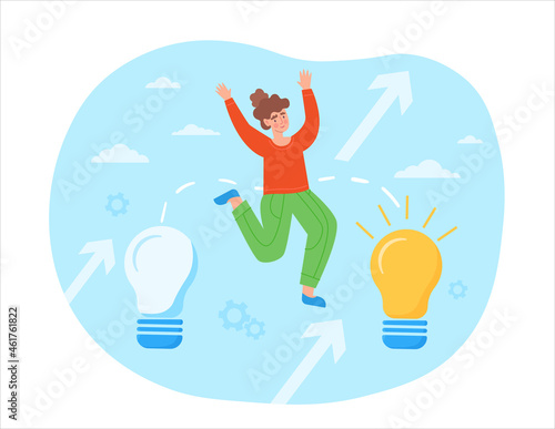 Transition to innovative idea. Woman jumps on light bulb. Metaphor for business development and improvement. Transformation of company. Cartoon flat vector illustration isolated on white background