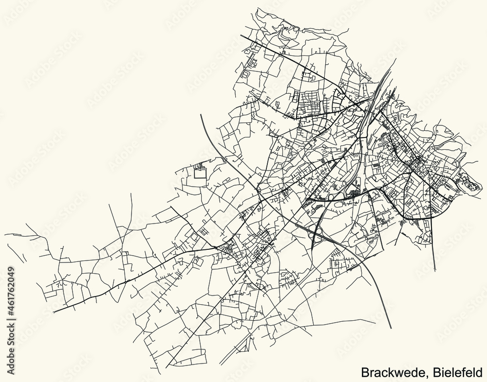 Detailed navigation urban street roads map on vintage beige background of the quarter Brackwede district of the German regional capital city of Bielefeld, Germany