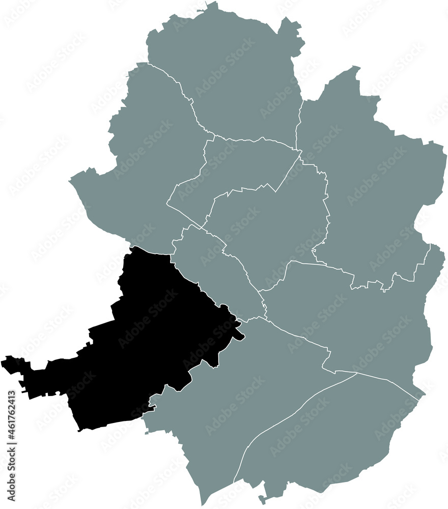Black location map of the Brackwede district inside gray urban districts map of the German regional capital city of Bielefeld, Germany
