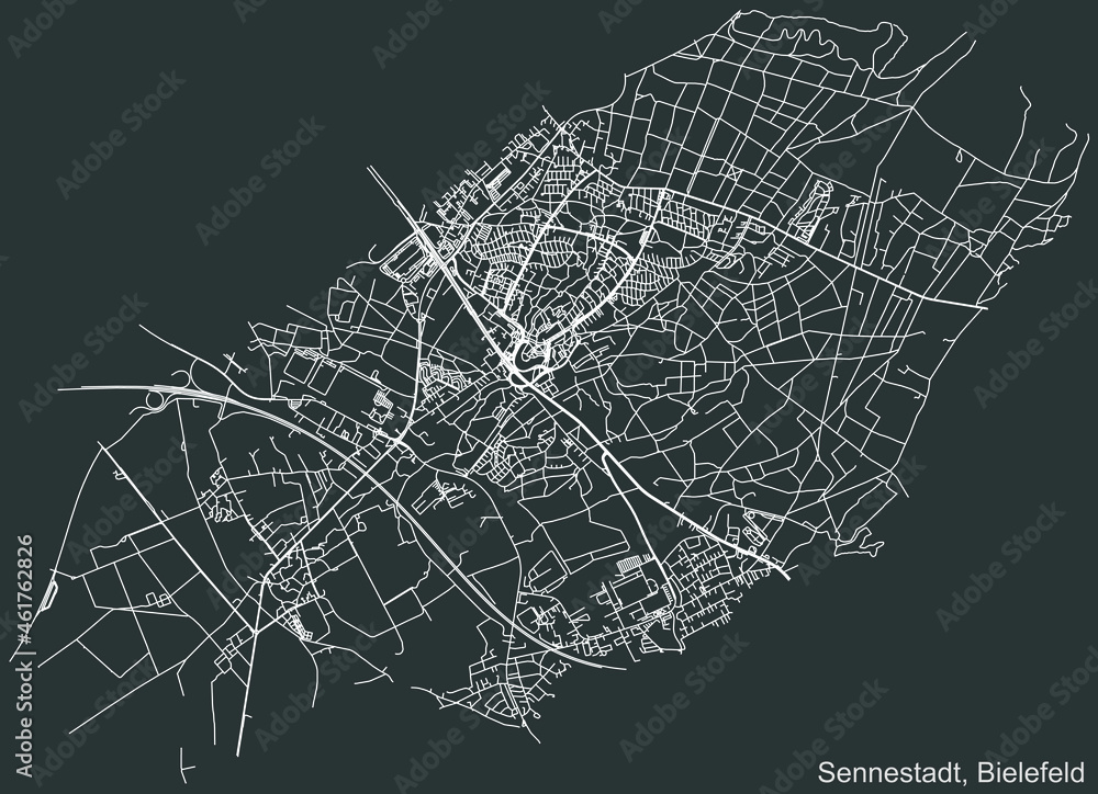 Detailed negative navigation urban street roads map on dark gray background of the quarter Sennestadt district of the German regional capital city of Bielefeld, Germany