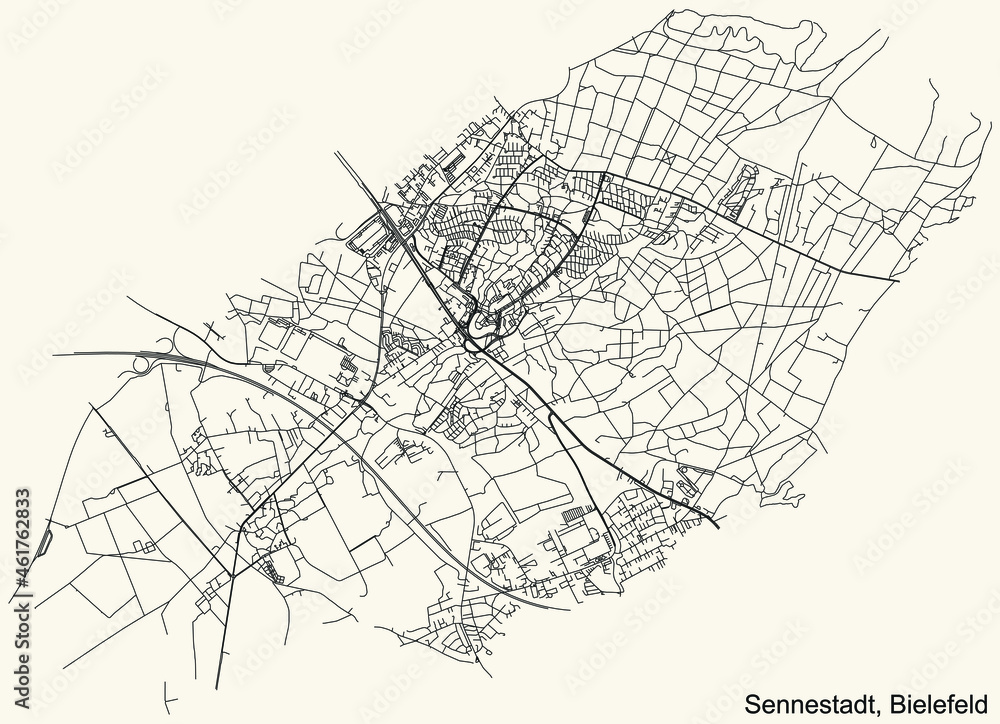 Detailed navigation urban street roads map on vintage beige background of the quarter Sennestadt district of the German regional capital city of Bielefeld, Germany