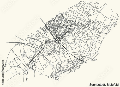 Detailed navigation urban street roads map on vintage beige background of the quarter Sennestadt district of the German regional capital city of Bielefeld, Germany