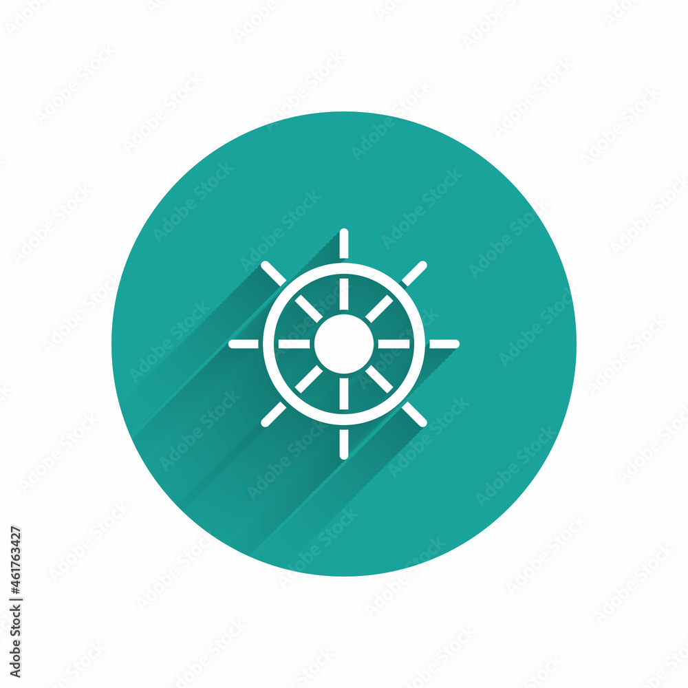 White Ship steering wheel icon isolated with long shadow. Green circle button. Vector White Ship steering wheel icon isolated with long shadow. Green circle button. Vector