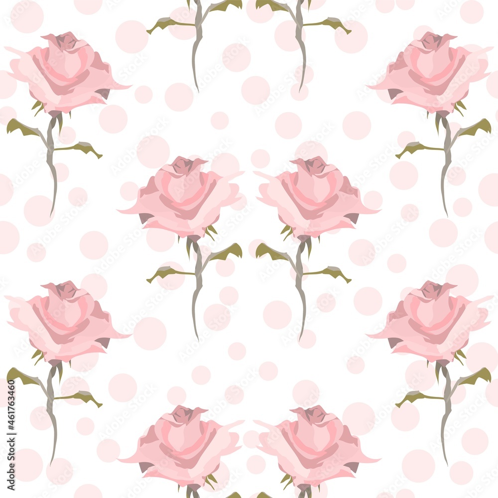 Pink Rose Vector Repeat Pattern With Polka Dots Pink Rose Vector Repeat Pattern With Polka Dots