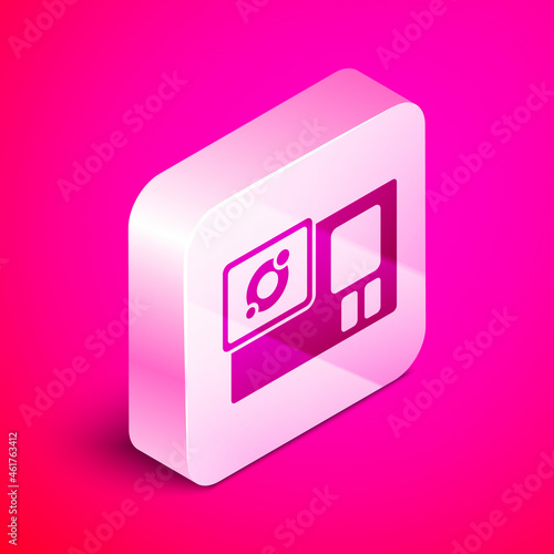 Isometric Action extreme camera icon isolated on pink background. Video camera equipment for filming extreme sports. Silver square button. Vector