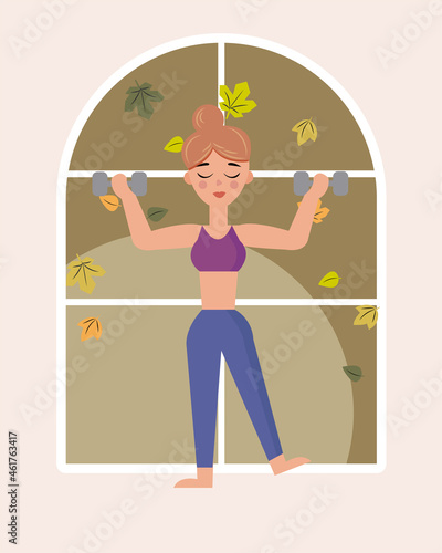 Vector flat illustration of a sporty girl with dumbbells near the windows