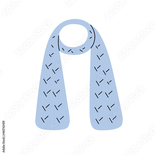 Blue fashionable knitted scarf. Vector element in a modern flat style with a contour. Perfect for a label or logo