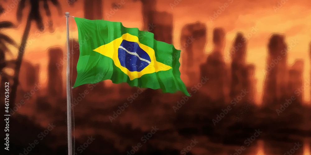 Naklejka premium Brazilian flag and apocalyptic city. Panoramic view. Artistic work