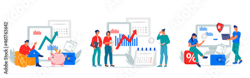 Business people or financial analysts, company employees or entrepreneurs for marketing and financial investment funds topic, flat vector illustration isolated on white background.