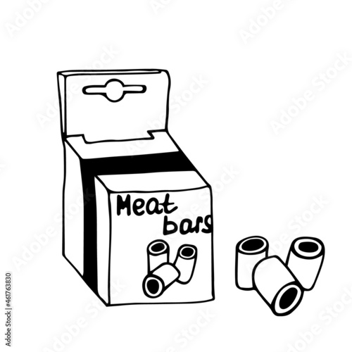 Vector illustration of dog food. An isolated object of dog treats in doodle style. Veterinary medicine for dogs