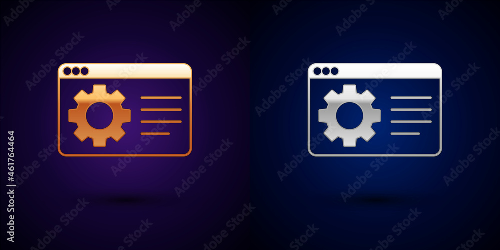 Gold and silver Browser setting icon isolated on black background. Adjusting, service, maintenance, repair, fixing. Vector