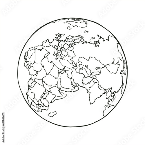 Vector illustration of hand drawn planet earth. Africa, Asia and Europe. Outlined continents and seas. World map in a circle