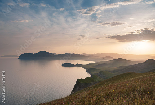 Fototapeta Naklejka Na Ścianę i Meble -  Stunning scenery in the sunset rays of the sea coast and mountains. Black Sea coast, view of Koktebel, massif Karadag