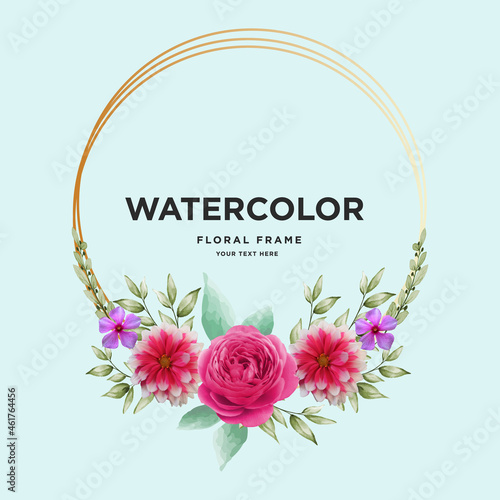 Watercolor pink floral art wrength with golden circle
