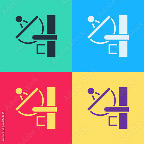 Pop art Radar icon isolated on color background. Search system. Satellite sign. Vector