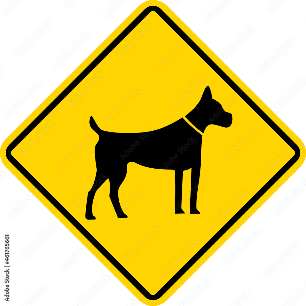 Beware of dog sign. Diamond yellow background. Safety signs and symbols. Beware of dog sign. Diamond yellow background. Safety signs and symbols.