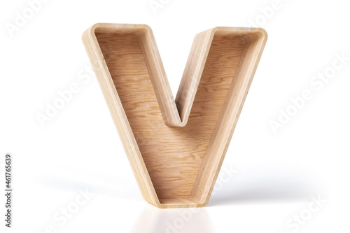 Fototapeta Naklejka Na Ścianę i Meble -  3D wood hollow letter V made of pine plywood planks. Shelving design style nice to display books, decorative items or products for sale. High quality 3D rendering.