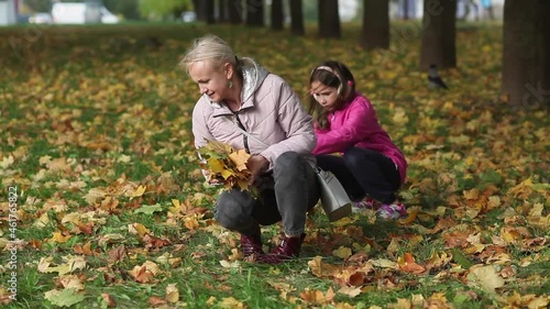 Mom and little daughter are playing in the park with yellow leaves. They collect the leaves into bouquets.High quality FullHD footage