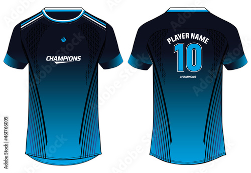 Sports jersey t shirt design concept vector template, abstract printed Round neck football jersey concept with front and back view for Cricket, soccer, Volleyball tennis, and badminton uniform