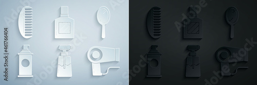Set Cream or lotion cosmetic tube, Hand mirror, Shaving gel foam, Hair dryer, Aftershave and Hairbrush icon. Vector