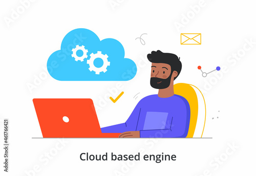 Cloud based engine. Man sitting in office and downloading files to laptop from cloud storage. Data transmission using digital server. Cartoon flat vector illustration isolated on white background