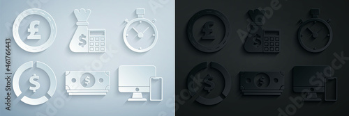 Set Stacks paper money cash, Stopwatch, Coin with dollar symbol, Computer monitor and mobile phone, Calculator bag and pound sterling icon. Vector