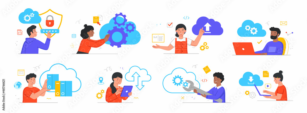 Cloud service access. Data protection, access to information, cyber security, login to your personal account. Collection of stickers for websites. Cartoon flat vector set isolated on white background