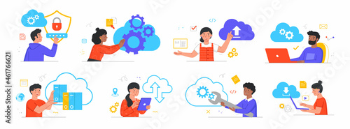 Cloud service access. Data protection, access to information, cyber security, login to your personal account. Collection of stickers for websites. Cartoon flat vector set isolated on white background