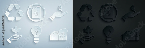 Set Light bulb with lightning symbol, Sprout hand of environmental protection, Plant, Eco friendly house, Bio fuel canister and Recycle icon. Vector