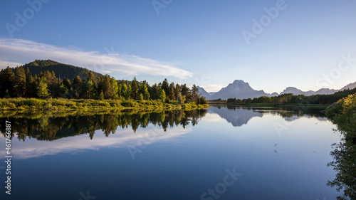 Beautiful evening sunset at Oxbow bend overview snake river, Grand Teton National Park during summer Wyoming.