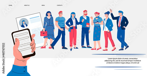 Website banner for HR recruitment agency.  Online job Interview and hiring staff concept  for web or presentation and social media network, flat vector illustration.