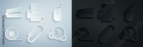 Set Paper clip, Computer mouse, Scotch, Time Management, Printer and Office stapler icon. Vector