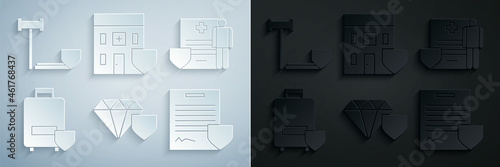 Set Diamond with shield, Medical clipboard clinical record, Traveling baggage insurance, Contract, hospital building and Judge gavel icon. Vector