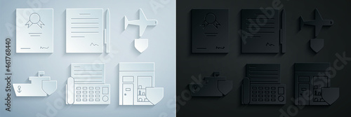 Set Fax machine, Plane with shield, Ship, Shopping building, Contract pen and Certificate template icon. Vector