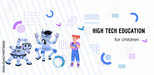 Website layout of educational courses for children in the field of high technologies and robotics.  Robotics and programming courses for children advertising webpage, flat vector illustration.