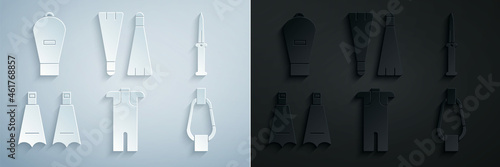 Set Wetsuit for scuba diving, Army knife, Rubber flippers swimming, Carabiner, and Lift bag icon. Vector