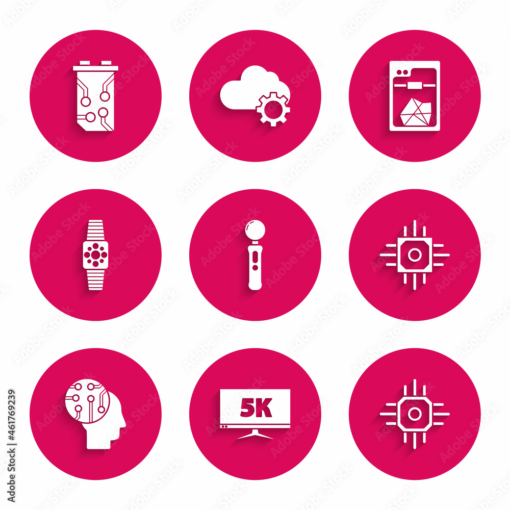 Set Gamepad, Monitor display with 5k video, Processor, Human brain as digital circuit board, Smartwatch, 3D printer and Video graphic card icon. Vector Set Gamepad, Monitor display with 5k video, Processor, Human brain as digital circuit board, Smartwatch, 3D printer and Video graphic card icon. Vector