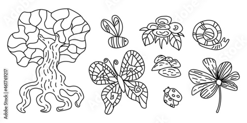 Set of stylized natural elements tree, butterfly, bee, flower, snail, ladybug. Linear contour drawing decorative doodles set of natural stickers.