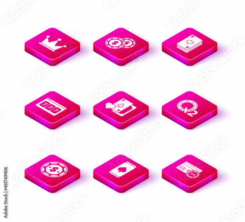 Set Casino chip with dollar, Online poker table game, slot machine lucky sevens jackpot, Playing card clubs symbol, Credit, chips, heart and icon. Vector