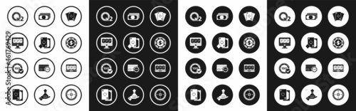 Set Playing card with diamonds, spades, Online slot machine lucky sevens jackpot, Casino chips, dollar, Stacks paper money cash, and icon. Vector