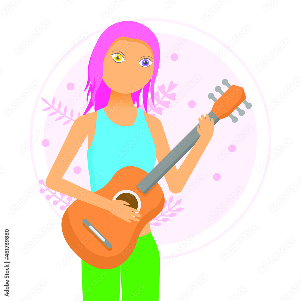 Flat Girl Woman Character With Plays The Guitar With Different Colors Eyes Disease Heterochromia Concept Music Play Song Melody Concert Leaf Leaves Flat Girl Woman Character With Plays The Guitar With Different Colors Eyes Disease Heterochromia Concept Music Play Song Melody Concert Leaf Leaves