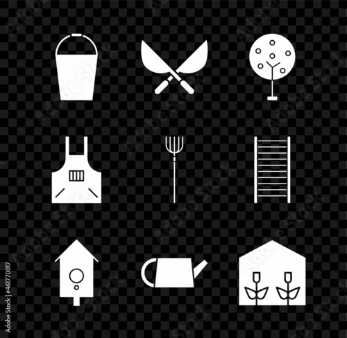 Set Bucket, Gardening handmade scissors, Tree, Retro wall watch, Watering can, Home greenhouse plants, Kitchen apron and pitchfork icon. Vector