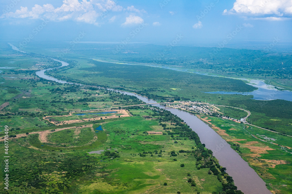 aerial view of the municipality of Gambote, department of Bolívar in Colombia and overflight of the Canal del dique