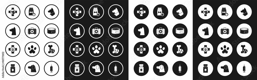 Set Cat, Pet first aid kit, Veterinary clinic symbol, Canned food, Bag of for pet, toys bone rubber and ball and icon. Vector