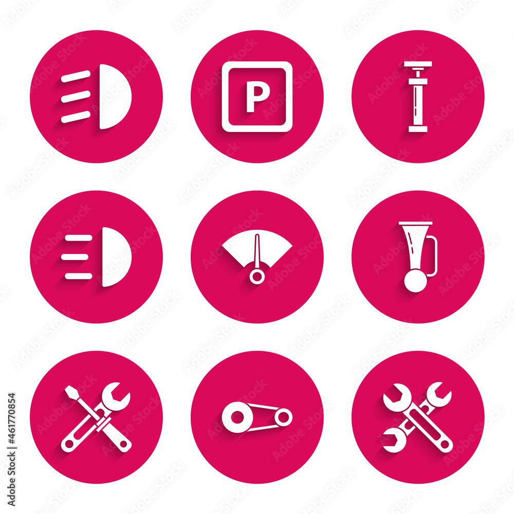 Set Speedometer, Timing belt kit, Wrench, Signal horn on vehicle, Screwdriver and wrench tools, High beam, and icon. Vector Set Speedometer, Timing belt kit, Wrench, Signal horn on vehicle, Screwdriver and wrench tools, High beam, and icon. Vector