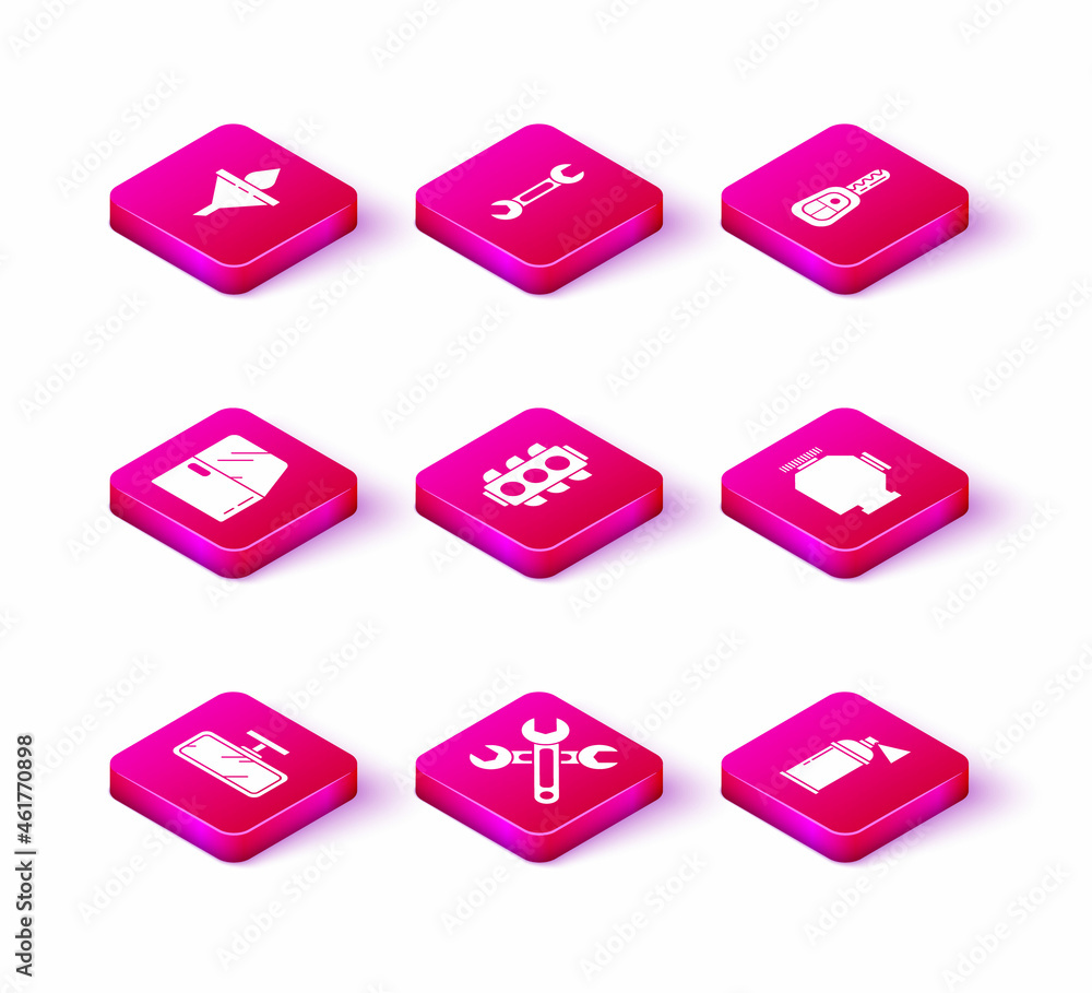 Set Car mirror, Wrench, door, Traffic light, Paint spray can, Check engine, key with remote and icon. Vector Set Car mirror, Wrench, door, Traffic light, Paint spray can, Check engine, key with remote and icon. Vector