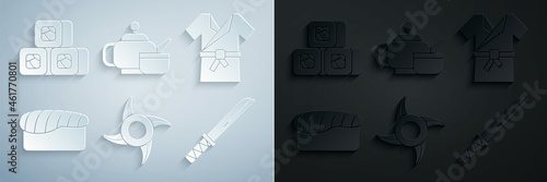 Set Japanese ninja shuriken, costume Kimono, Sushi, Traditional katana, tea ceremony and icon. Vector
