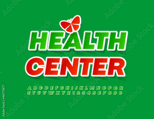 Vector colorful Sign Healthy Center. Bright Green Font. Set of Alphabet Letters, Numbers and Symbols