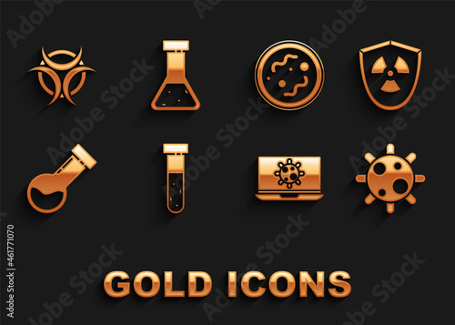 Set Test tube and flask chemical, Radioactive in shield, Bacteria, on laptop, Biohazard symbol and icon. Vector